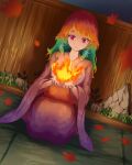  1girl falling_leaves feathers fire full_body hololive hololive_english japanese_clothes kimono leaf looking_down multicolored_hair night outdoors red_eyes redhead seiza shironekokfp sitting takanashi_kiara virtual_youtuber wooden_wall 
