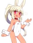  1girl :d animal_ear_fluff animal_ears bangs bare_shoulders blonde_hair blush bunny_girl bunny_tail collar collarbone commentary_request dark_skin eyebrows_visible_through_hair hand_up heart heart-shaped_pupils highres leotard long_hair masurao_(sekaiju) naga_u open_mouth ponytail rabbit_ears red_collar red_eyes sekaiju_no_meikyuu sekaiju_no_meikyuu_5 short_eyebrows sidelocks simple_background smile solo strapless strapless_leotard symbol-shaped_pupils tail thick_eyebrows upper_teeth very_long_hair white_background white_leotard wrist_cuffs 