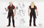  1boy action azumi_akitake braid commentary_request concept_art english_text facial_hair highres hololive long_hair male_focus move_chart mukirose muscle mustache pants pointy_ears shirt tattoo torn_clothes torn_legwear translation_request vest 