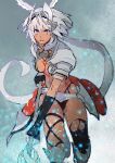  1girl armor black_gloves breasts caenis_(fate) elbow_gloves fingerless_gloves gloves highres holding holding_spear holding_weapon long_hair looking_at_viewer medium_breasts parted_lips polearm sankomichi shoulder_armor solo spear standing very_long_hair violet_eyes weapon white_hair 