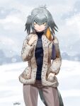  1girl alternate_costume bangs bird_tail black_hair casual closed_mouth commission contemporary day expressionless eyebrows_visible_through_hair fur-trimmed_jacket fur_trim grey_hair hair_between_eyes hair_intakes hand_in_pocket hand_up jacket kemono_friends kikino long_hair long_sleeves looking_at_viewer multicolored_hair open_clothes open_jacket orange_hair outdoors pants shoebill_(kemono_friends) sidelocks signature snow snowing solo sweater tail yellow_eyes 