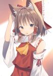  1girl animal_ear_fluff animal_ears ascot bangs bow brown_eyes brown_hair cat_ears collared_shirt commentary detached_sleeves frilled_bow frilled_shirt_collar frills hair_bow hair_tubes hakurei_reimu hand_on_ear highres kemonomimi_mode light_blush long_hair looking_at_viewer mamemochi medium_hair nontraditional_miko open_mouth red_bow red_shirt red_skirt ribbon-trimmed_sleeves ribbon_trim shirt sidelocks skirt skirt_set sleeveless sleeveless_shirt solo standing touhou upper_body white_sleeves yellow_neckwear 