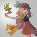  1girl :d bag bangs black_legwear black_shirt blonde_hair bongnom breasts brown_eyes chespin eyewear_on_headwear fennekin froakie gen_6_pokemon gradient gradient_background handbag hat highres holding holding_poke_ball long_hair looking_at_another looking_to_the_side open_mouth orange_skirt parted_bangs poke_ball pokemon pokemon_(game) pokemon_xy red_headwear serena_(pokemon) shirt simple_background skirt sleeveless sleeveless_shirt small_breasts smile solo thigh-highs white_background 