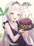  1girl absurdres birthday_cake black_choker black_dress blush cake character_name chocolate_cake choker commentary daikon dated dress english_text flat_chest food fruit hair_bun happy_birthday highres holding holding_plate hololive long_hair looking_at_viewer melon murasaki_shion noodles open_mouth orange_eyes petals plate ramen side_bun silver_hair simple_background sleeveless sleeveless_dress smile solo straight_hair sushi symbol_commentary tam-u tiara upper_body virtual_youtuber white_background wrist_cuffs 