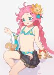  1girl :d bikini blue_bikini blue_eyes blue_neckwear braid child dragalia_lost fang flat_chest flower grey_skirt hair_flower hair_ornament hairclip hand_up long_hair maribelle_(dragalia_lost) navel necktie necktie_removed open_clothes open_mouth open_skirt pink_hair pumpkinspicelatte rabbit shirt_removed signature simple_background sitting skin_fang skirt smile solo squirrel swimsuit twin_braids white_background yellow_flower 