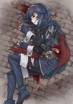    1girl blood blood_on_face bloody_clothes blue_eyes blue_hair cape defeat fingerless_gloves fire_emblem fire_emblem_awakening gloves lucina_(fire_emblem) lying meis_(terameisu) on_ground on_side open_mouth scar solo tiara torn_clothes 