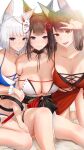 3girls akagi_(azur_lane) akagi_(paradise_amaryllis)_(azur_lane) amagi_(azur_lane) amagi_(wending_waters_serene_lotus)_(azur_lane) animal_ears azur_lane bikini black_scrunchie blue_bikini blue_eyes breast_press breasts brown_choker brown_hair brown_sash choker fox_ears fox_mask highres kaga_(azur_lane) kaga_(everlasting_killing_stone)_(azur_lane) kitsune-neko large_breasts looking_at_viewer mask mask_on_head multiple_girls open_bikini open_clothes red_bikini red_eyes red_sarong sarong scrunchie see-through shiny shiny_skin short_hair swimsuit thick_eyebrows thigh_strap v violet_eyes white_bikini white_hair wrist_scrunchie