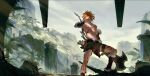  1boy arsh_(thestarwish) bleeding blonde_hair blood blue_eyes bow_(weapon) cuts fur_trim injury link ponytail quiver shirtless solo standing sunlight sword tattoo the_legend_of_zelda the_legend_of_zelda:_breath_of_the_wild toned toned_male weapon 