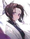  1girl bangs black_hair black_jacket butterfly_hair_ornament closed_mouth eyes_visible_through_hair gradient_hair hair_ornament haori highres jacket japanese_clothes kimetsu_no_yaiba kochou_shinobu looking_at_viewer lunia multicolored_hair parted_bangs purple_hair short_hair simple_background smile solo two-tone_hair upper_body violet_eyes white_background 