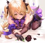  1girl 666_(ro_ro_ro3) all_fours arm_scrunchie bare_shoulders bat_hair_ornament black_bow black_eyepatch black_flower black_ribbon black_rose blonde_hair bodystocking bodysuit bow bowtie breasts brown_legwear brown_sleeves commentary eyepatch fischl_(genshin_impact) fishnet_bodysuit fishnets flower genshin_impact gloves green_eyes hair_bow hair_ornament hair_over_one_eye highres holding holding_flower long_hair looking_at_viewer open_mouth petals purple_bow purple_neckwear ribbon rose single_glove solo sparkle sweat thigh-highs two_side_up 