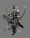  1boy absurdres armor arrow_(projectile) belt black_eyes bow_(weapon) braid breastplate cao_hong_anh closed_mouth fingernails fur-trimmed_sleeves fur_trim glowing greaves grey_background helmet highres holding holding_arrow holding_bow_(weapon) holding_weapon long_fingernails male_focus original pauldrons quiver sharp_fingernails shoulder_armor simple_background single_pauldron solo standing vambraces weapon white_hair 