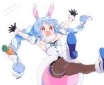  1girl animal_ear_fluff animal_ears armpits arms_up bangs bare_shoulders black_gloves black_leotard blue_hair bow braid breasts brown_eyes brown_legwear bunny-shaped_pupils carrot_hair_ornament detached_sleeves don-chan_(usada_pekora) dress eyebrows_visible_through_hair food_themed_hair_ornament fur-trimmed_dress fur-trimmed_gloves fur_trim gloves hair_bow hair_ornament hololive leotard long_hair machico milestone_celebration multicolored_hair pantyhose puffy_short_sleeves puffy_sleeves rabbit_ears shoe_soles short_eyebrows short_sleeves simple_background small_breasts strapless strapless_dress strapless_leotard thick_eyebrows translation_request twin_braids twintails two-tone_hair usada_pekora very_long_hair virtual_youtuber white_background white_bow white_dress white_footwear white_hair white_sleeves 