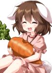  1girl ^_^ animal_ears bangs brown_hair bunny_tail carrot closed_eyes dress eating eyebrows_visible_through_hair floppy_ears food hair_between_eyes highres holding holding_food inaba_tewi open_mouth pink_dress rabbit_ears ruu_(tksymkw) short_hair short_sleeves simple_background sitting solo tail teeth touhou white_background white_tail 