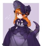  1girl alternate_costume araki_(qbthgry) black_gloves black_ribbon bonnet border curtsey dated dragon_horns dragon_tail dress flower frilled_dress frills gloves gothic_lolita hololive horns kiryuu_coco lavender_background lolita_fashion long_hair looking_to_the_side multicolored_hair orange_hair pointy_ears purple_dress purple_flower purple_rose red_eyes ribbon rose signature simple_background solo streaked_hair tail white_border younger 