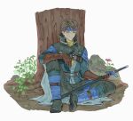  1boy 45liza109 absurdres blue_eyes blue_headband brown_gloves brown_hair cape closed_mouth flik flower full_body gensou_suikoden gloves grass headband highres holding holding_sheath holding_sword holding_weapon huge_filesize male_focus outdoors pink_flower rock scabbard sheath sheathed sitting smile solo sword tree weapon 