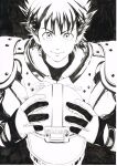  1boy absurdres armor black_background closed_mouth eyeshield_21 football_helmet football_uniform gloves greyscale helmet highres holding kobayakawa_sena looking_at_viewer male_focus monochrome murata_yuusuke official_art scan smile solo spiky_hair sportswear traditional_media upper_body 