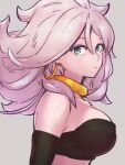  1girl android_21 bare_shoulders blue_eyes breasts choker closed_mouth colored_skin dragon_ball dragon_ball_fighterz earrings grey_background hoop_earrings jewelry kemachiku large_breasts long_hair looking_at_viewer majin_android_21 pink_hair pink_skin simple_background solo upper_body yellow_choker 