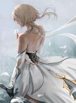  1girl backless_dress backless_outfit bangs bare_shoulders blonde_hair blurry blurry_background closed_eyes detached_sleeves dress facing_away flower gauntlets genshin_impact highres holding holding_sword holding_weapon long_hair lumine_(genshin_impact) petals solo sword weapon white_dress white_flower windami 