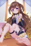  1girl absurdres anya_melfissa artist_name barefoot blurry blurry_background blush brown_hair detached_sleeves feet hair_ornament highres hololive hololive_indonesia long_hair looking_at_viewer sitting thighs user_kxep3344 violet_eyes virtual_youtuber window 