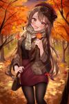  1girl :d absurdres aina_156cm autumn autumn_leaves bag bangs blurry blurry_background bow breasts brown_bag brown_bow brown_eyes brown_jacket brown_legwear commentary_request cowboy_shot falling_leaves fang hat hat_bow high-waist_skirt highres huge_filesize jacket leaf long_hair long_sleeves looking_at_viewer maple_leaf medium_breasts nature open_clothes open_jacket open_mouth original outdoors pantyhose pencil_skirt red_skirt scarf shirt_tucked_in shoulder_bag skirt smile solo sweater tree 