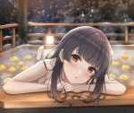  1girl :o arm_rest bangs bare_arms bare_shoulders black_hair blunt_bangs blush breasts brown_eyes collarbone food fruit highres idolmaster idolmaster_shiny_colors lamp long_hair looking_at_viewer mayuzumi_fuyuko night nude onsen open_mouth outdoors sidelocks snow solo tree yuzu_(fruit) yuzu_bath yuzuyu_(hyui) 