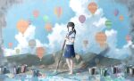  1girl aircraft anyotete barefoot black_hair brush bucket clouds highres hot_air_balloon looking_at_viewer mural original paint paint_splatter paint_stains painting_(object) ponytail school_uniform serafuku sky solo 