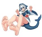  1girl animal_hood bangs bare_legs barefoot blue_eyes blue_hair blunt_bangs eiji_(eiji) eyebrows_visible_through_hair feet fish_tail foreshortening gawr_gura highres hololive hololive_english hood hood_up hoodie multicolored_hair shark_girl shark_hood shark_tail sharp_teeth silver_hair simple_background soles solo tail teeth two-tone_hair virtual_youtuber white_background 