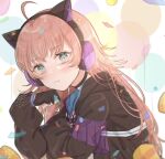  ahoge balloon bang_dream! black_hoodie blue_eyes blush cat_ear_headphones choker fingerless_gloves frown gloves headphones highres hood hoodie long_hair long_sleeves pout redhead shain tamade_chiyu 