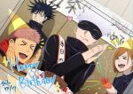  &gt;_&lt; 1girl 3boys :d :q bangs birthday_cake black_eyes black_hair black_jacket blindfold brown_hair cake closed_mouth covered_eyes dated facial_mark facing_viewer food fork fushiguro_megumi gakuran gojou_satoru hair_between_eyes hands_together hands_up happy_birthday hat heart high_collar highres holding hood hood_down hoodie itadori_yuuji jacket jujutsu_kaisen kingkazutaro8 kugisaki_nobara long_sleeves looking_at_another multiple_boys open_mouth parted_bangs party_hat party_popper red_hoodie sash school_uniform short_hair smile spiky_hair table teacher_and_student tongue tongue_out undercut upper_body upper_teeth white_hair 