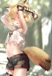  1girl absurdres animal_ears arknights armpits arms_up bandaid bandaid_on_arm bangs black_shorts blonde_hair blurry blurry_background commentary_request cowboy_shot crop_top fang fox_ears fox_tail highres looking_at_viewer midriff navel open_mouth orange_eyes partial_commentary pottsness short_hair short_shorts shorts solo standing stomach strapless sweat tail thigh_strap thighs tubetop vermeil_(arknights) 