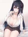  1girl ahoge azur_lane black_hair black_skirt breasts eyebrows_visible_through_hair hair_between_eyes hair_ribbon highres huge_breasts kousi_sirazawa long_hair looking_at_viewer miniskirt no_bra partially_unbuttoned pleated_skirt red_ribbon ribbon school_uniform shirt sitting skirt solo taihou_(azur_lane) uniform violet_eyes white_shirt 