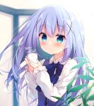  1girl bangs blue_bow blue_eyes blue_hair blue_vest blurry blurry_background blush bow collared_shirt commentary_request cup depth_of_field eyebrows_visible_through_hair gochuumon_wa_usagi_desu_ka? hair_between_eyes hair_ornament hands_up highres holding holding_cup izumiyuhina kafuu_chino long_hair looking_at_viewer parted_lips rabbit_house_uniform shirt solo uniform upper_body very_long_hair vest waitress white_shirt x_hair_ornament 