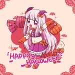  1girl :o arm_up aurora_sya_lis_kaymin bangs bare_shoulders blush_stickers bow brown_background candy_wrapper chibi crop_top curled_horns eyebrows_visible_through_hair fang gloves hacha_(hachaowo) hair_bow halloween_bucket happy_halloween holding horns long_hair looking_at_viewer maou-jou_de_oyasumi midriff navel open_mouth orange_bow orange_gloves outstretched_arm pleated_skirt pointy_ears purple_shirt purple_skirt shirt silver_hair skirt sleeveless sleeveless_shirt solo sparkle striped striped_legwear tail tail_bow tail_ornament thigh-highs v-shaped_eyebrows very_long_hair violet_eyes 
