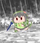  1girl :3 black_hair bokoboko_(pandagapanda1) chibi closed_umbrella commentary_request drawstring full_body habu_(kemono_friends) holding holding_umbrella hood hood_up hooded_jacket jacket kemono_friends long_sleeves outdoors rain running skirt snake_print snake_tail solo tail umbrella water 