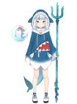  1girl bloop_(gawr_gura) blue_eyes bubble fish_tail full_body gawr_gura holding hololive hololive_english hood hoodie knees looking_at_viewer official_art polearm shark shark_tail shoes tail trident virtual_youtuber weapon white_background 