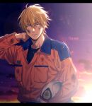  1boy arm_behind_head arm_up bangs black_shirt blonde_hair clouds collarbone commentary_request dirty dirty_clothes dirty_face dusk earrings embers english_text fire_helmet firefighter gradient_sky hair_between_eyes helmet holding holding_helmet jacket jewelry kise_ryouta kuroko_no_basuke lens_flare letterboxed long_sleeves looking_at_viewer male_focus mashima_shima orange_jacket parted_lips shirt short_hair sky solo sun sunlight sunset twitter_username upper_body yellow_eyes 