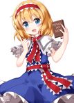  1girl alice_margatroid bangs blonde_hair blue_dress blue_eyes book capelet cowboy_shot dress eyebrows_visible_through_hair frilled_dress frilled_hairband frilled_ribbon frills hair_between_eyes hairband highres holding holding_book index_finger_raised looking_at_viewer neck_ribbon open_mouth red_hairband red_ribbon ribbon ruu_(tksymkw) short_hair simple_background smile solo standing touhou white_background white_capelet 