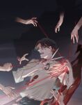  1boy 6+others blood brown_hair eyebrows_visible_through_hair grabbing heart heart_(organ) holding holding_heart holding_scissors lmj961106 male_focus multiple_others open_mouth original reaching_out scissors solo_focus teeth upper_teeth 