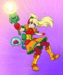  1girl absurdres alternate_costume blonde_hair blue_eyes blush_stickers boots bow gloves green_bow guilhermerm headphones highres looking_at_viewer magical_girl metroid metroid_(creature) ponytail red_gloves samus_aran smile thigh-highs wand 