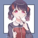  1girl artist_request black_hair black_ribbon commentary_request fang food fukumaru_koito hair_ribbon idolmaster idolmaster_shiny_colors long_sleeves looking_at_viewer neck_ribbon pocky red_ribbon ribbon short_hair simple_background skin_fang solo twintails upper_body violet_eyes 