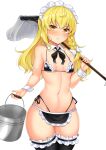  1girl bangs bikini black_bikini black_legwear black_neckwear black_ribbon blonde_hair blush braid breasts bucket commentary_request cowboy_shot detached_collar frilled_bikini frills highleg highleg_bikini highres holding holding_bucket holding_mop kirisame_marisa leg_garter long_hair maid_bikini maid_headdress mop neck_ribbon ribbon side-tie_bikini simple_background single_braid small_breasts solo standing swimsuit thigh-highs thighs tokoya_(ex-hetare) touhou white_background yellow_eyes 