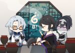  3boys animal_ears black_hair blue_hair bodysuit cape chibi dark_skin dark_skinned_male food_fantasy fur_trim geta glasses highres japanese_clothes junmai_daiginjo_(food_fantasy) kimono long_hair mackerel_ichiyaboshi_(food_fantasy) multiple_boys official_art ponytail rabbit_ears sash scarf smile translated tsukimi_dango_(food_fantasy) window yellow_eyes 