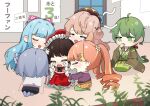  1boy 5girls black_hair blue_hair bonnet candy_apple_(food_fantasy) character_request chibi closed_eyes crying dress food_fantasy green_hair group_hug highres hug japanese_clothes long_hair matcha_(food_fantasy) multicolored_hair multiple_girls official_art okonomiyaki_(food_fantasy) orange_hair ponytail short_hair sitting skirt smile translated twintails wariza 