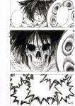  1boy absurdres death_gatling gatling_gun greyscale gun highres long_hair machine_gun male_focus monochrome motion_blur murata_yuusuke numbered official_art one-punch_man scan scar scar_on_face skeleton traditional_media weapon wide-eyed 