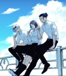  1girl 2boys and_re belt black_belt black_eyes black_footwear black_hair black_legwear black_pants black_skirt blue_eyes clouds collared_shirt day ear_piercing eyewear_on_head food full_body getou_suguru gojou_satoru hair_bun hair_pulled_back hand_up holding holding_food ieiri_shoko jujutsu_kaisen kneehighs leaning_on_rail looking_at_another multiple_boys open_mouth outdoors pants piercing popsicle popsicle_stick railing round_eyewear school_uniform shirt shoes short_hair sitting skirt sky sleeves_rolled_up sunglasses twitter_username white_hair white_shirt 