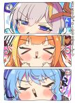 &gt;_&lt; 3girls absurdres ahoge amane_kanata angel angel_wings bangs blue_hair blunt_bangs blush border bow bright_pupils close-up closed_eyes doukyo&#039;s dragon_girl dragon_horns embarrassed eyebrows_visible_through_hair face feathered_wings food food_in_mouth gradient_eyes hair_ornament heart highlights highres hololive horn_bow horns hoshimachi_suisei kiryuu_coco looking_at_viewer multicolored multicolored_eyes multicolored_hair multiple_girls nervous orange_hair pocky pocky_kiss pointy_ears pout silver_hair simple_background speech_bubble spoken_blush spoken_heart spoken_squiggle squiggle streaked_hair striped striped_bow translation_request v-shaped_eyebrows virtual_youtuber waiting_for_kiss white_border wings yukito_(hoshizora) 