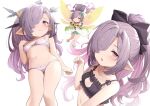  1girl ;o bangs bare_shoulders black_bra black_ribbon bra breasts cat_cutout cat_lingerie character_request clothing_cutout collarbone commentary eyes_visible_through_hair fairy_wings granblue_fantasy grey_hair hair_over_one_eye hair_ribbon hands_on_hips harvin iwao_(pixiv258710) long_hair looking_at_viewer meme_attire multiple_views navel one_eye_closed panties pink_eyes pointy_ears ponytail ribbon simple_background small_breasts symbol_commentary underwear underwear_only white_background white_bra white_panties wings 