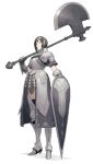  1girl absurdres armor armored_boots axe black_hair boots breastplate brown_eyes commentary_request faulds frills full_body gauntlets highres holding holding_axe holding_weapon huge_weapon km_yama original over_shoulder plate_armor shield short_hair shoulder_armor solo standing waist_cape weapon weapon_over_shoulder white_background 