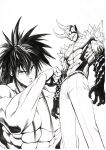  2boys absurdres belt character_request greyscale highres horns long_hair looking_at_viewer monochrome multiple_boys murata_yuusuke muscle nipples official_art one-punch_man pants parted_lips scan sharp_teeth simple_background spiky_hair standing suiryuu_(one-punch_man) sweat teeth traditional_media white_background 