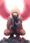  1boy belt black_footwear black_gloves black_shirt blonde_hair boku_no_hero_academia boots brown_jacket brown_pants feathered_wings feathers full_body fur_trim gloves goggles hand_over_face hawks_(boku_no_hero_academia) highres holding holding_feather jacket long_sleeves looking_at_viewer male_focus pants red_wings rubble shirt short_hair simple_background solo spiky_hair squatting tsuu_(tu3_f) white_background wings yellow_eyes 